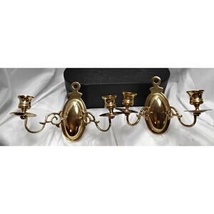 Pair Brass Candle Sticks double arms Signed HB Artisanal Producer Wall Mount